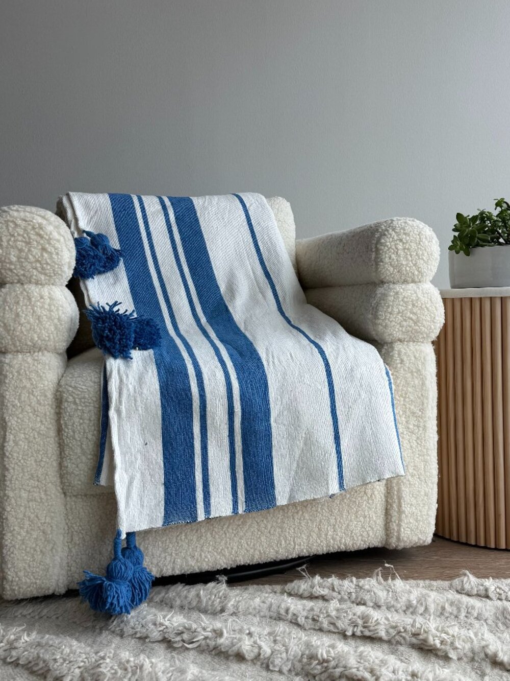 Blue and White Striped Throw Blanket with Tassels